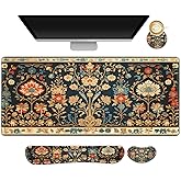 ARTSO Desk Mat Set, Mouse Pad with Wrist Rest Support + Keyboard Wrist Rest + Large Mouse Pad + Coaster, Extended Gaming Mousepad Combo, Retro Flower Plant