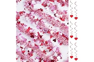HSZJSTO 33Ft Tinsel Garland for Valentine's Day Wedding Decoration, Red Pink Heart Tinsel Garland with Heart Spiral Pendant for Valentines Decor, Shiny Thin Tinsel Garland Valentines Wedding Stairs Railing