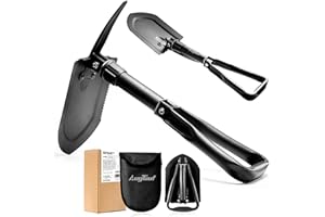 AugTouf Folding Camping Shovel (Black), 22.8" Small Tactical Survival Gear, Portable Collapsible E Tool for Gardening, Trench
