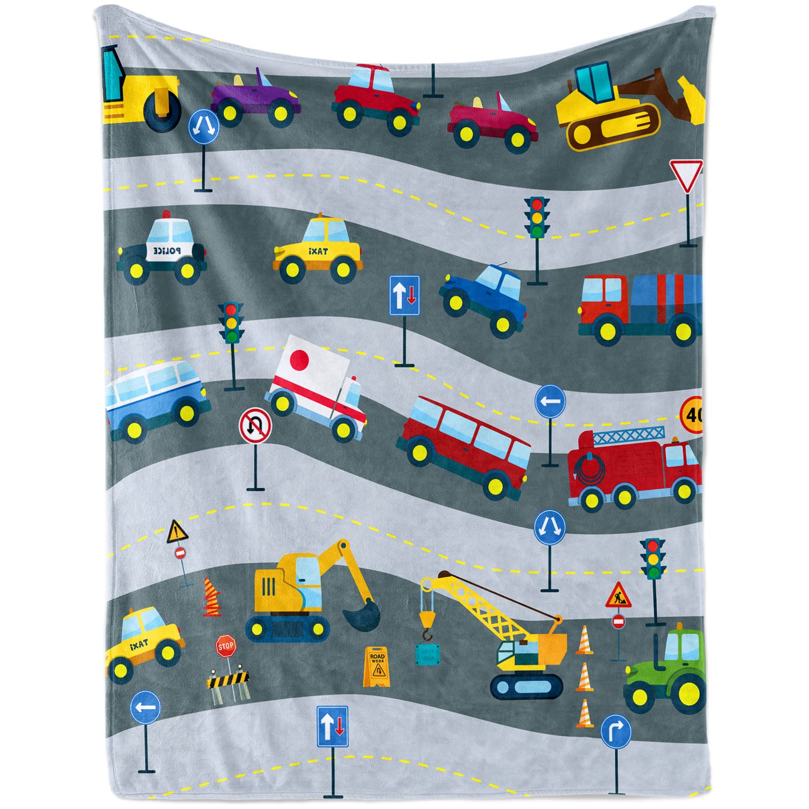 Cartoon Car Blanket for Boys Girls, Soft Construction Fire Truck Baby Crib Plush Flannel Blanket for Nursery, Cozy Warm Transportation Fluffy Throw Blanket Gift for Newborn and Toddler, 80 x 120 cm
