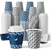 JOLLY CHEF 100 Pack 10 oz Disposable Coffee Cups, Hot Paper Coffee Cups with Lids, Sleeves and Stirrers for Home, Office, Cafe (Blue Leaf and Grey Leaf)