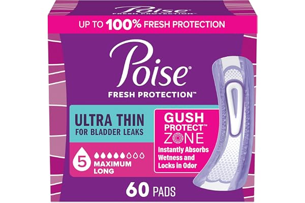 Poise Ultra Thin Incontinence Pads & Postpartum Incontinence Pads, 5 Drop Maximum Absorbency, Long Length, 60 Count