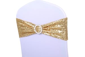 ANMINY Pack of 50 All Around Sequin Chair Sashes With Bows Stretchy Spandex Decorative Shiny Sparkly Sash Band For Banquet Chair Cover Romantic Wedding Party Ceremony Home Decoration, Light Gold