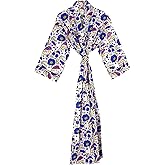 Generic Cotton Hand Block Print Kimono Robes for Women, Long Length Floral Print Nightgown, Bikani cover- up cotton kimono (Cotton, White Green Blue)