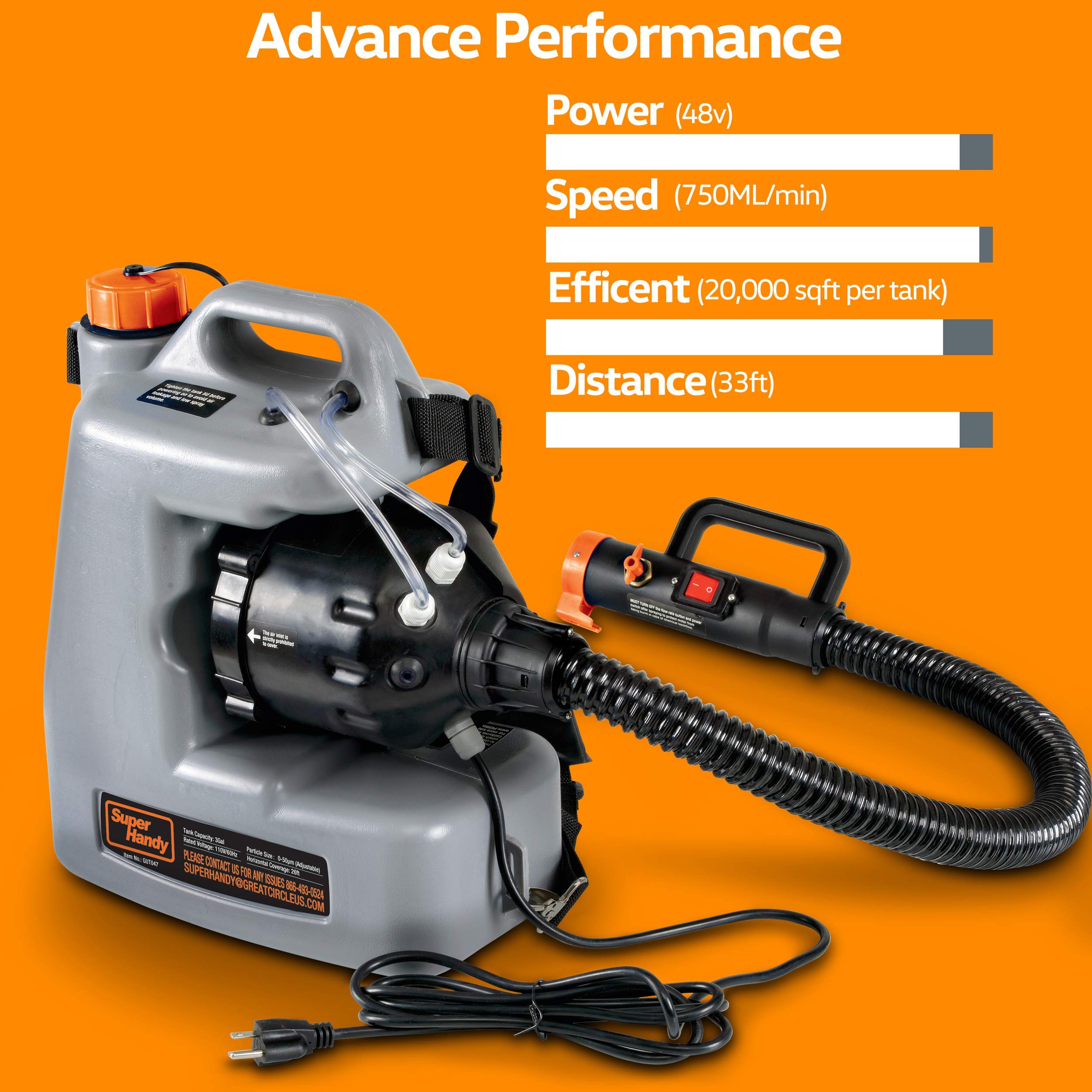 SuperHandy Fogger Machine Disinfectant Corded Backpack Mist Duster ULV Sprayer 3GAL 1-15GPH Mist Blower Adjustable Particle Size 0-50?m/Mm with Extended Commercial Hose and Spray Nozzle