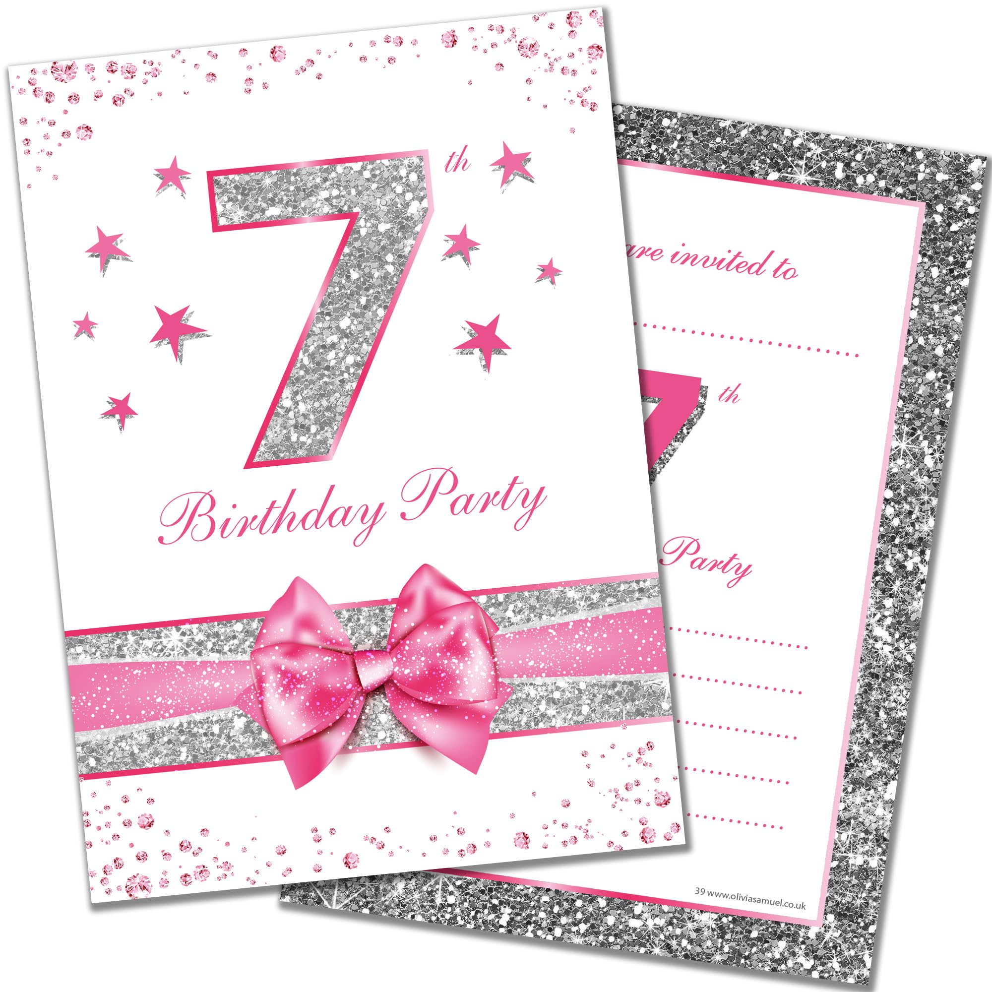 Olivia Samuel 20 x 7th Birthday Party Invitations from Pink Sparkly Design and Photo Effect Silver Glitter - A6 Postcard Size with envelopes
