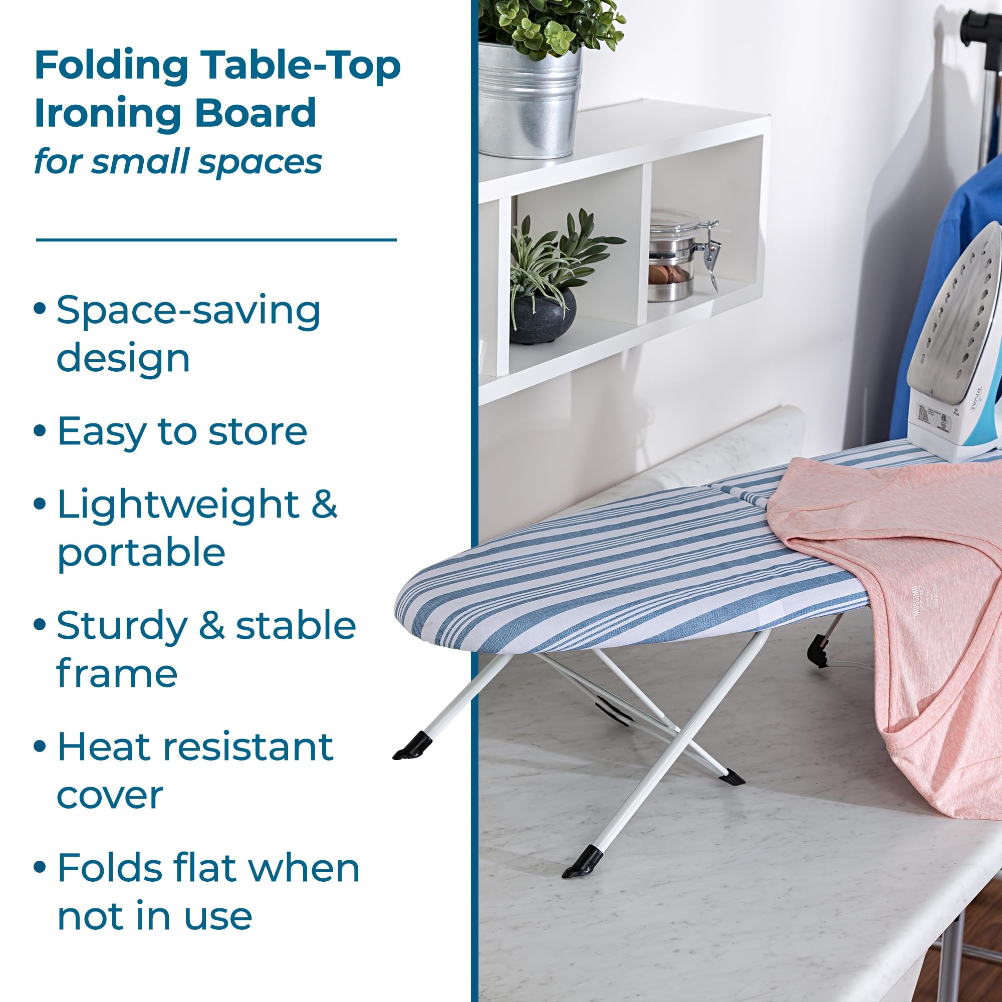 Honey-Can-Do Folding Tabletop Ironing Board with Iron Rest, Blue, 32” L x 12” W, Steel Frame