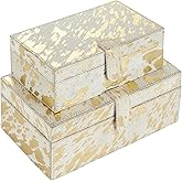 Deco 79 Leather Handmade Decorative Box Decorative Keepsake Boxes with Gold Foil Paint, Set of 2 Storage Boxes 8", 10"W, Gold