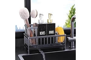 Cisily Kitchen Soap Dispenser Set with Sink Caddy, 12 Oz Glass Bottle, Hand and Dish Soap Dispenser Set with Sponge Holder, Black Stainless Steel Kitchen Countertop Sink Organizer Accessories