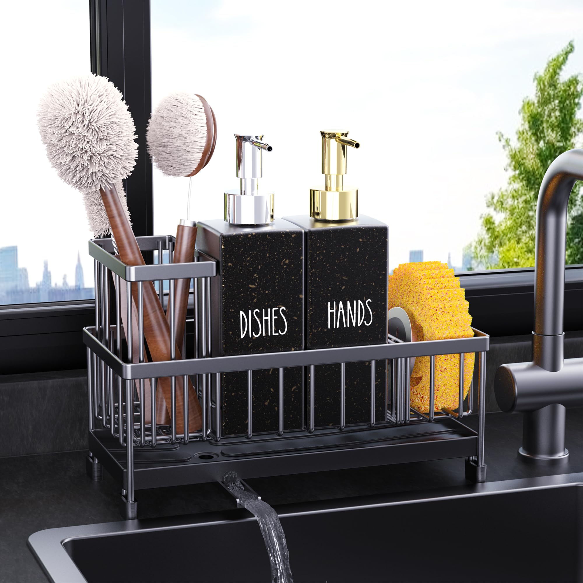 Photo 1 of Kitchen Soap Dispenser Set with Sink Caddy, 12 Oz Glass Bottle, Hand and Dish Soap Dispenser Set with Sponge Holder (Black Sink Caddy + Black Bottle)