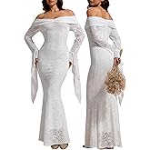 Cercis Women's Off The Shoulder Floral Lace Maxi Wedding Dress Long Bell Sleeve Formal Party Bodycon Mermaid Gown Spring