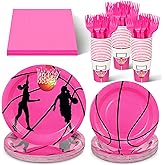 Zubebe 120 Pcs Basketball Party Supplies Pink Basketball Paper Plates Disposable Dinnerware Include Plates Napkins Cups Forks for Sports Theme Birthday Decorations,serve for 24 Guests