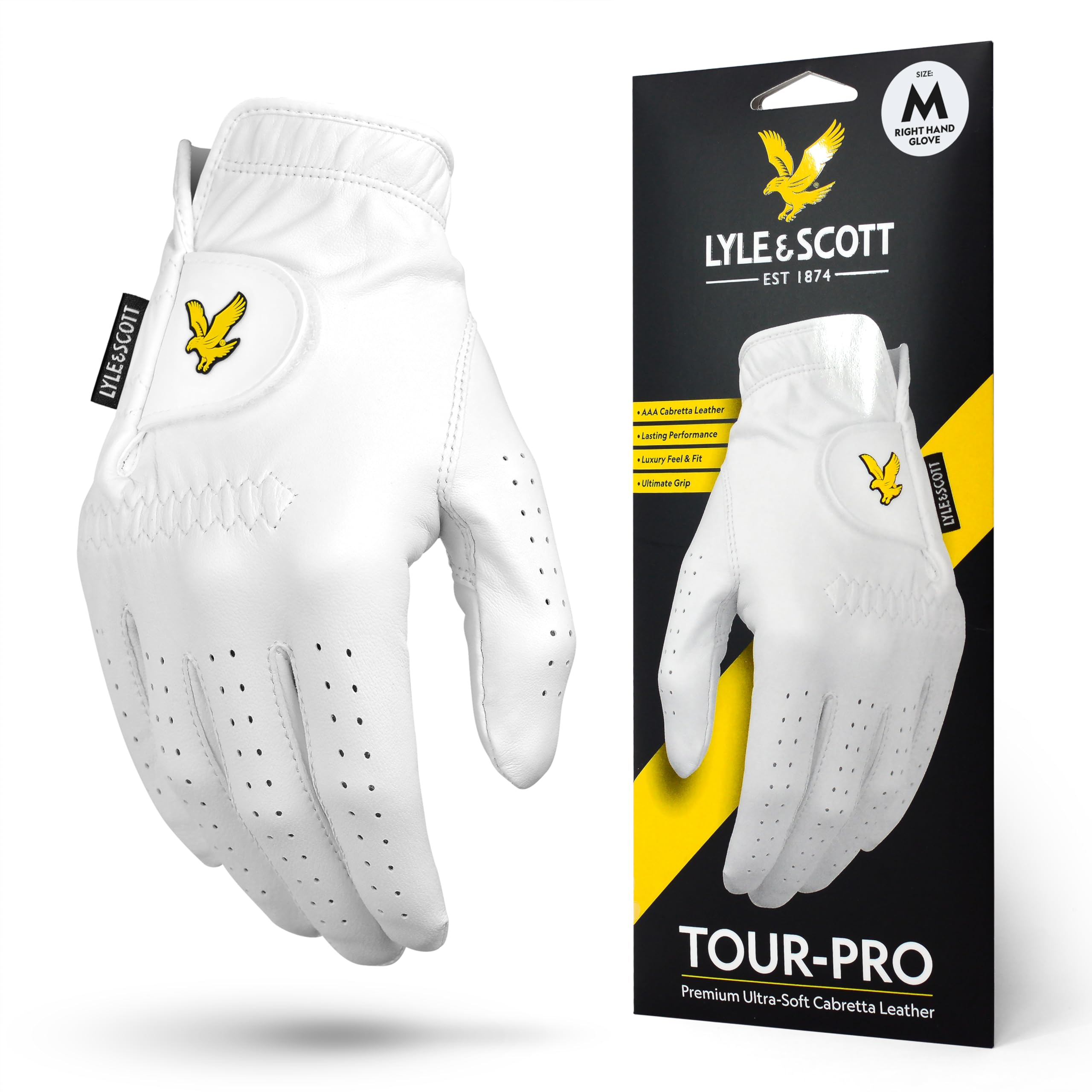 Lyle & Scott Tour Pro Premium Ultra Soft Cabretta Leather Golf Glove - Ultimate Grip, Moisture Control, Durable - Men's Golf Glove, White, Medium, Right Hand