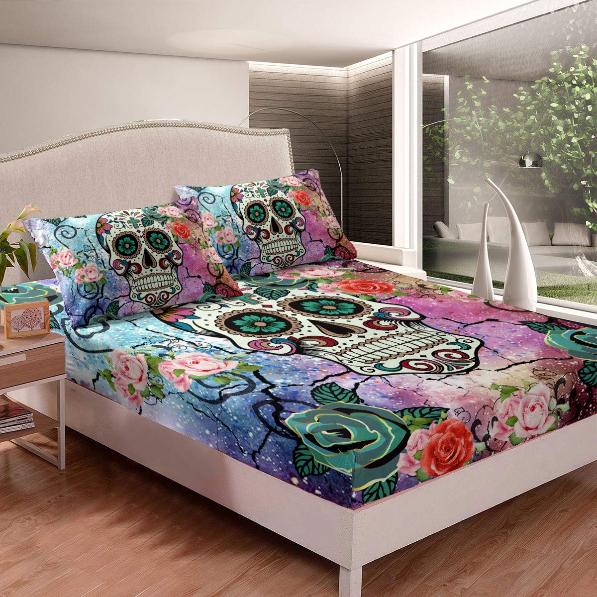 Loussiesd Sugar Skull Bedding Set for Woman Man, Rose Flower Fitted Sheet,Watercolor Bed Sheet Set 3D Horror Bones Pattern Bedspread Bed Cover,Decorative 3 Pcs King Size & 2 Pillowcase