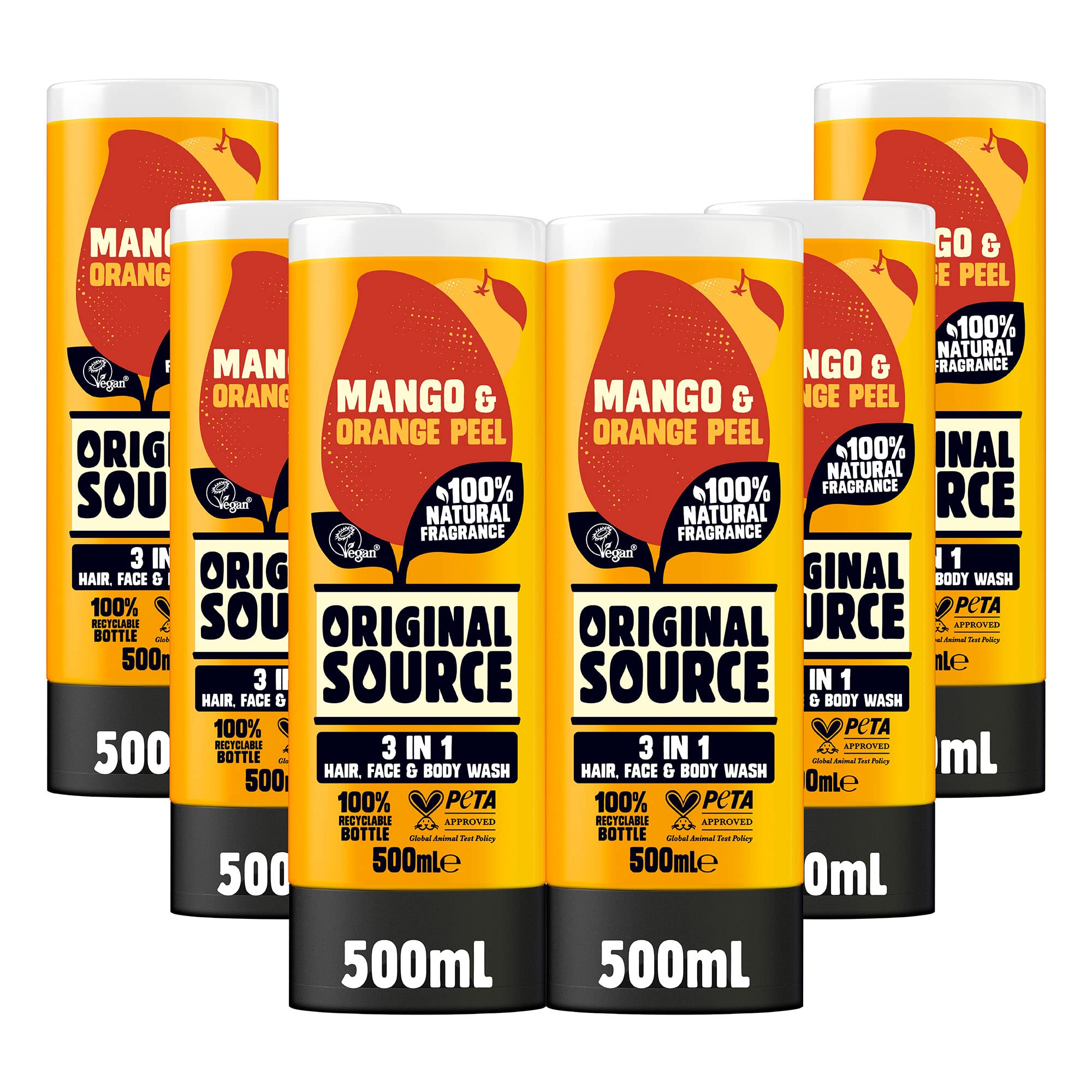 Original Source Mens 3in1 Mango & Orange Peel Shower Gel, 100 Percent Natural Fragrance, Vegan, Cruelty Free, Paraben Free, Bulk Buy, Pack of 6 x 500 ml