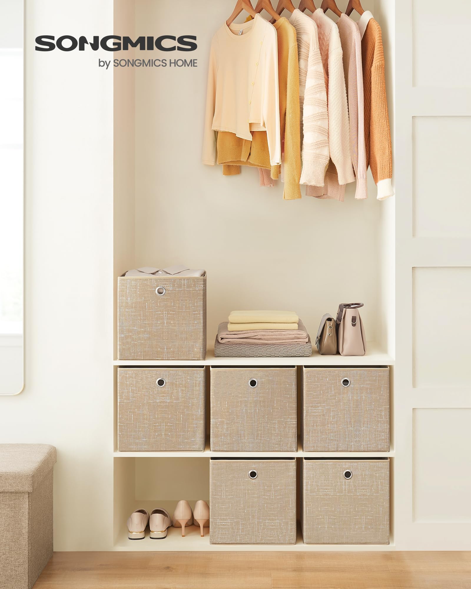 SONGMICS Aufbewahrungsbox, 6er Set, Ordnungsboxen aus Vliesstoff mit Griff, Boxen Aufbewahrung, 30 x 30 x 30 cm, Organizer Box, für Würfelregal, Faltbox, Kleideraufbewahrung, sandbeige RFB006K03 2