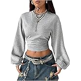 GORGLITTER Women's Cinced Waist Top Long Sleeve Crew Neck Drop Shoulder Fitted Cropped Sweatshirt Fall Trendy Pullover
