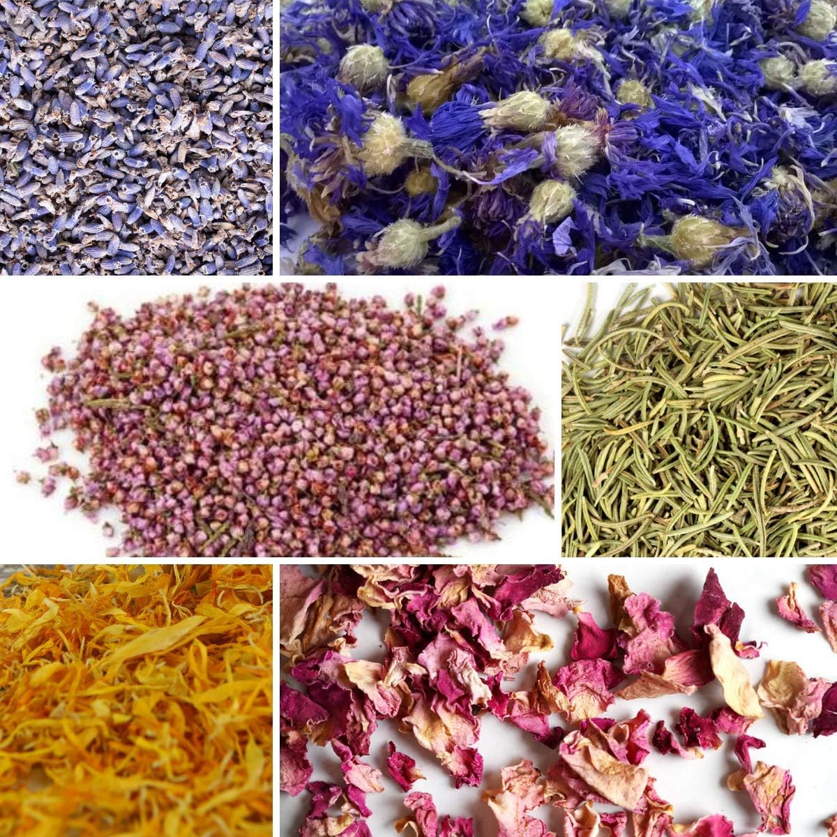 bMAKER Flower Kit 6 Packet - 1 Cup Each of Ultra Blue Lavender, Cornflower Whole, Heather Flower, Rosemary, Marigold Petals, Pink Rose Petals and 5/8 dram of Rose Absolute Essential Oil