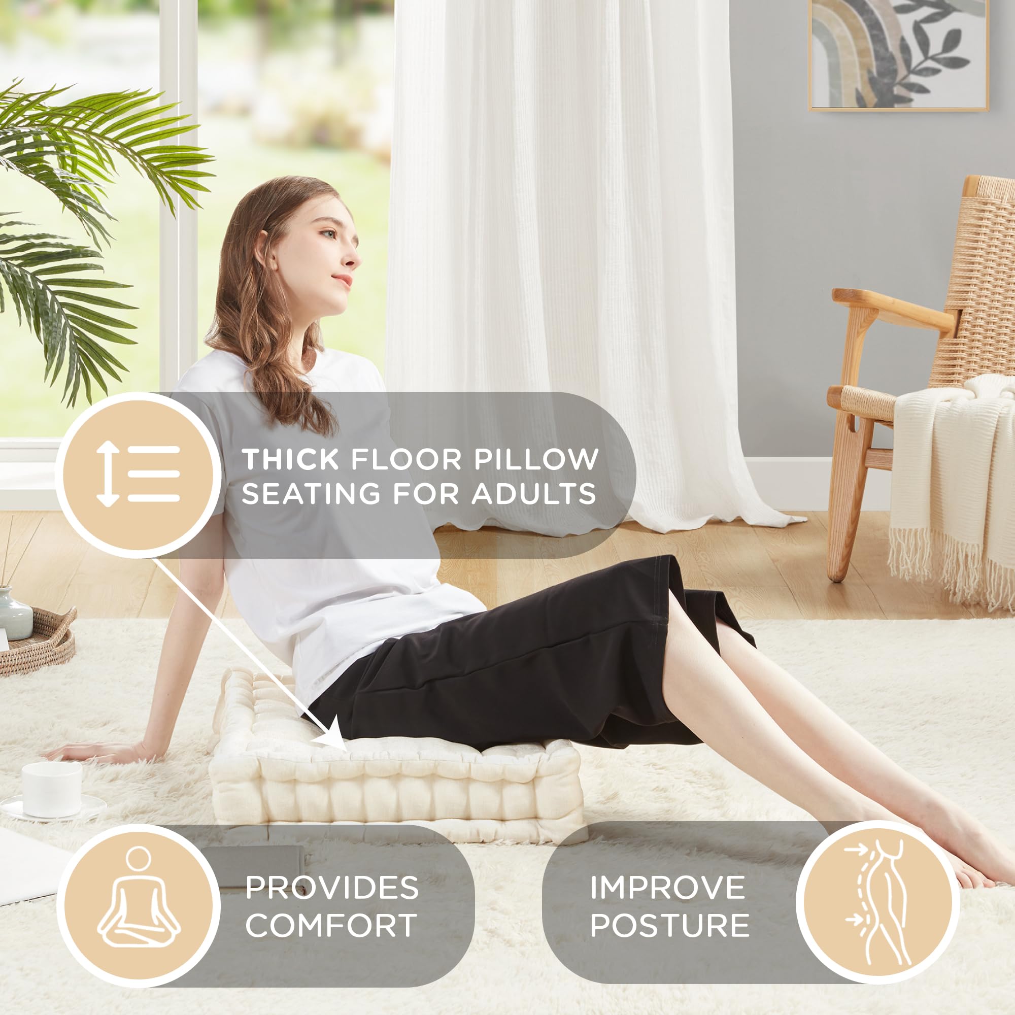 Codi INNA Meditation Floor Pillow, Large Pillows Seating for Adults, Tufted Thick Cushion for Yoga Living Room Sitting, Inna Ivory White 2 Pack - Image 5