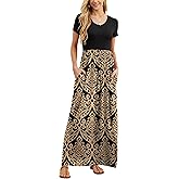GRECERELLE Women Summer Casual Maxi Long Dress Short Sleeve Crew Neck with Pockets, Size S-3XL