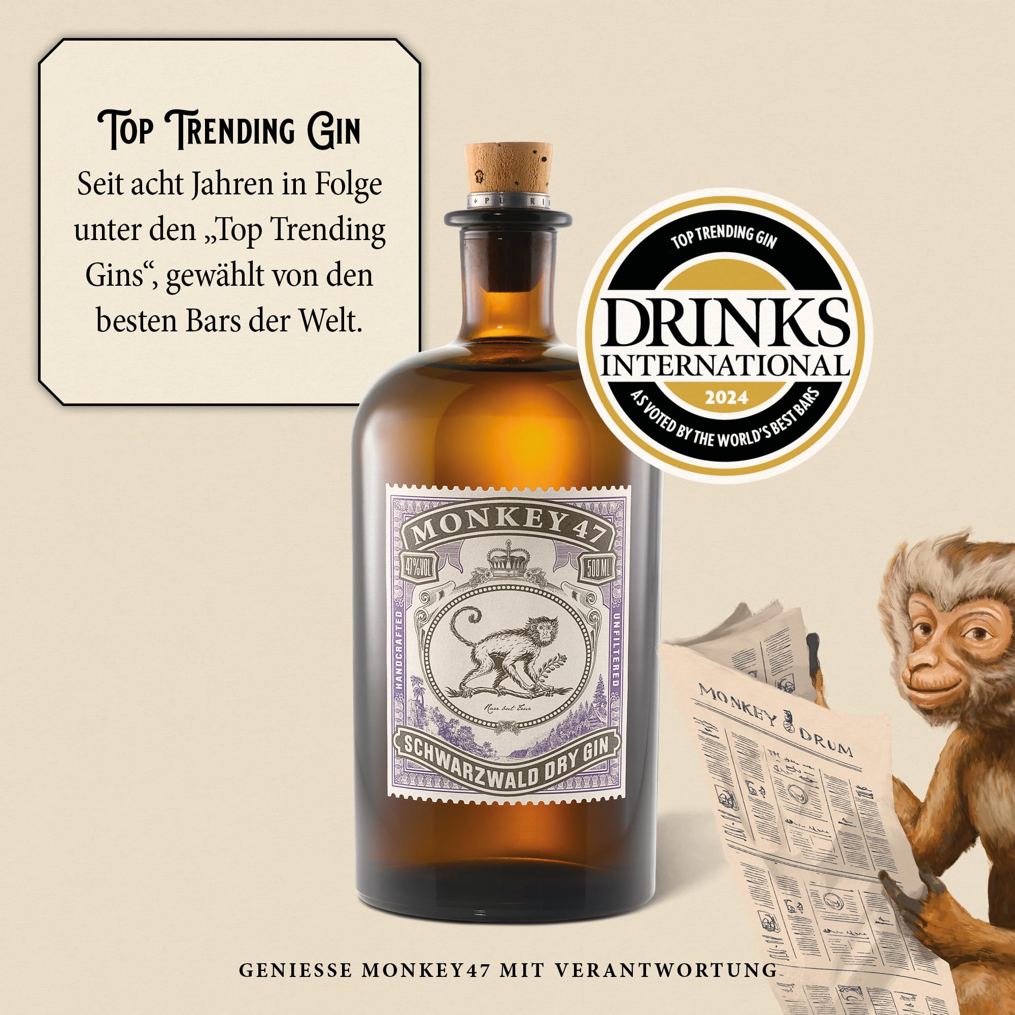 Monkey 47 Schwarzwald Dry Gin – Harmonischer Ultra Premium Gin mit Wacholderaroma & frischen Zitronen- und Fruchtnoten – 1 x 0,5 L | 500 ml (1er Pack) 6