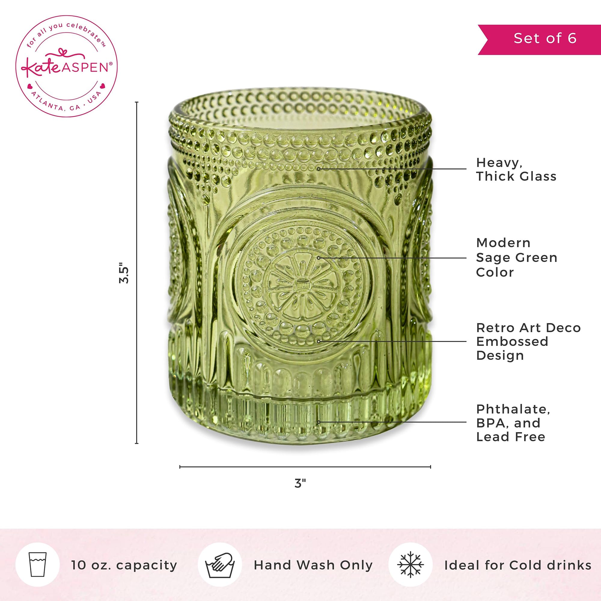 Kate Aspen Retro Arch Floral Green Drinking Glasses Set of 6-10 oz Vintage Beaded Glassware, Perfect for Water, Cocktail, Juice