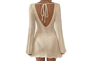 Falechay Womens Swimsuit Cover Up Long Sleeve Crochet Bathing Suit Mesh Backless Cover Ups Summer Beach Vacation Outfits 2025