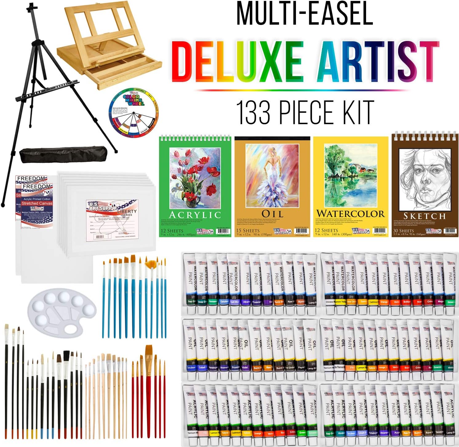 US Art Supply 133pc Deluxe Artist Painting Set with Aluminum and Wood Easels, Paint and Accessories : Office Products