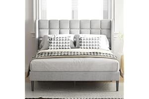 HAOARA Queen Bed Frame with Headboard and Upholstered Wingback, Modern Platform Bed Frame, Mattress Foundation Wooden Slats Support, No Box Spring Needed, Easy Assembly, Light Grey