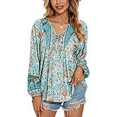 Vogebund Casual Boho Shirt for Women Floral Printed V Neck Peasant Tops Drawstring Long Sleeve Flowy Mexican Embroidered Tunic Tops Skyblue