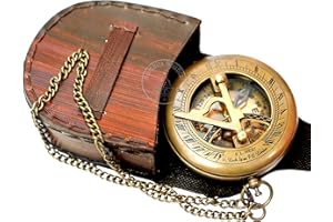 HUMAIRA NAUTICAL Brass Sundial Compass with Leather Case and Chain - Push Open Compass - Steampunk Accessory - Antiquated Finish - Beautiful Handmade Gift -Sundial Clock