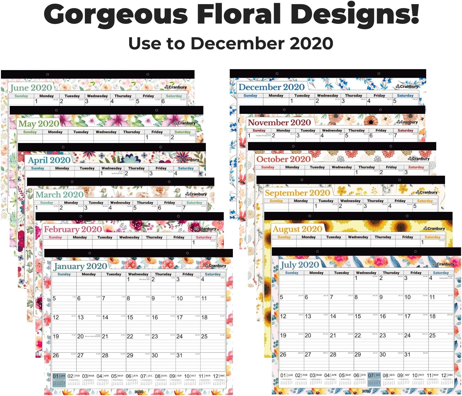 Large Desk Calendar 2020, 17.75 x 13.75 (Floral), Use to December 2020, Wall Calendar or Desktop Calendars with Stickers for Calendars, Monthly Calender by Cranbury