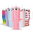40OZ Bling Tumbler With Handle Studded Rhinestone Tumbler Glitter Cups with Lid Stainless Steel Vacuum Thermal with Straw for Ice Cold or Warm Drinking for Women Cup (Pink Shiny)