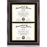 GraduationMall Double 8.5x11 Diploma Frame,Solid Wood & Tempered Glass,Cherry Finish with Gold Trim,Black & Gold Mat