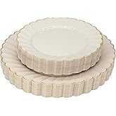 PREMIUM 40 Piece Ivory Scalloped Plastic Plates with Gold Rim - 20 Dinner and 20 Dessert - Fancy Disposable Plates for Party - Elegant Wedding Supplies