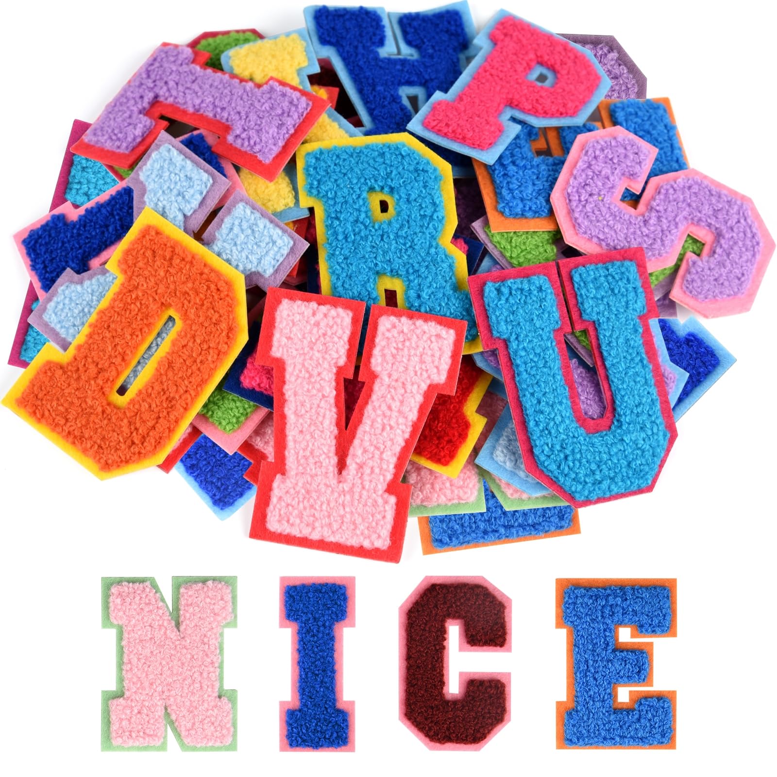 Photo 1 of ASTARON 52 Pcs Self Adhesive Letter Patches Chenille Letters Stickers, A-Z Embroidered Applique Patches Alphabet Cloth Patch for Clothes, Bags, Hat, Phone Case, DIY Accessories (Mixed Colours)
