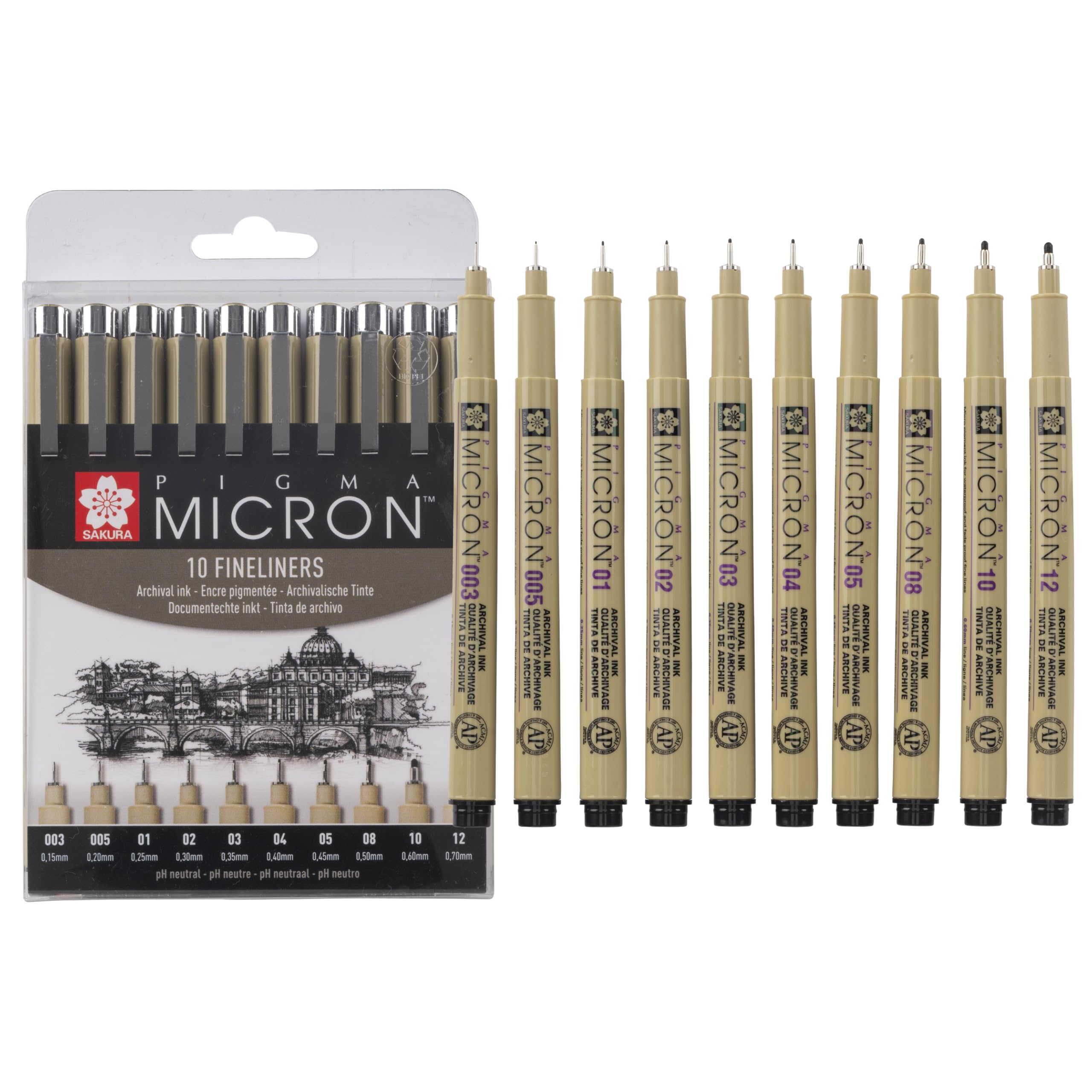 SAKURA Pigma Micron Fineliner Pens Set of 10 | Waterproof, Permanent Black Ink, Assorted Sizes | Pens for Writing, Drawing & Journaling