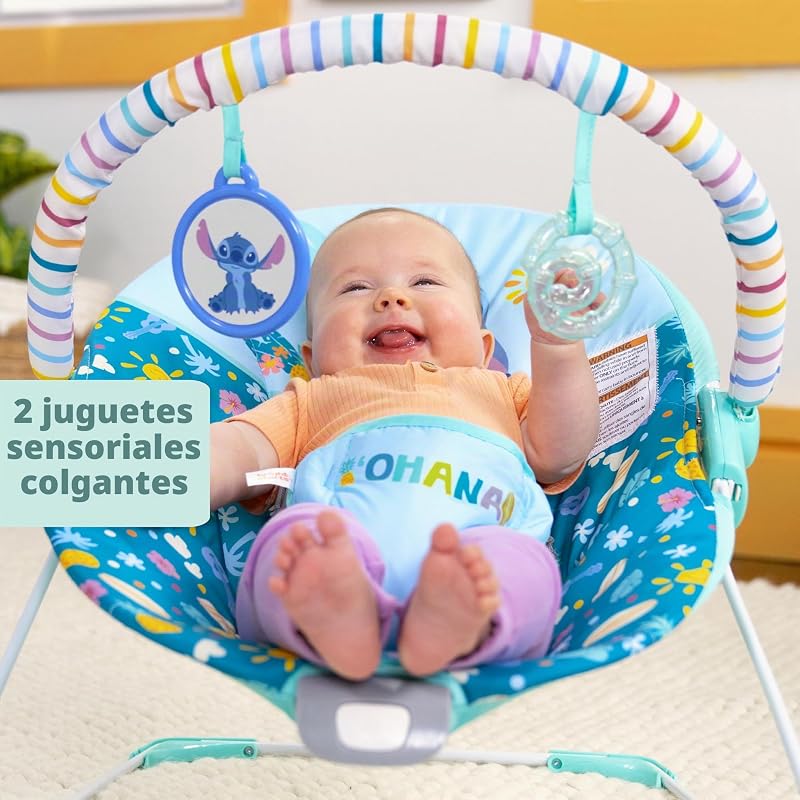 Rede Vibratória Disney Stitch Ohana Paradise Baby da Bright Starts, Barra de Brinquedos Destacável, 2 brinquedos incluídos, para 0-6 meses