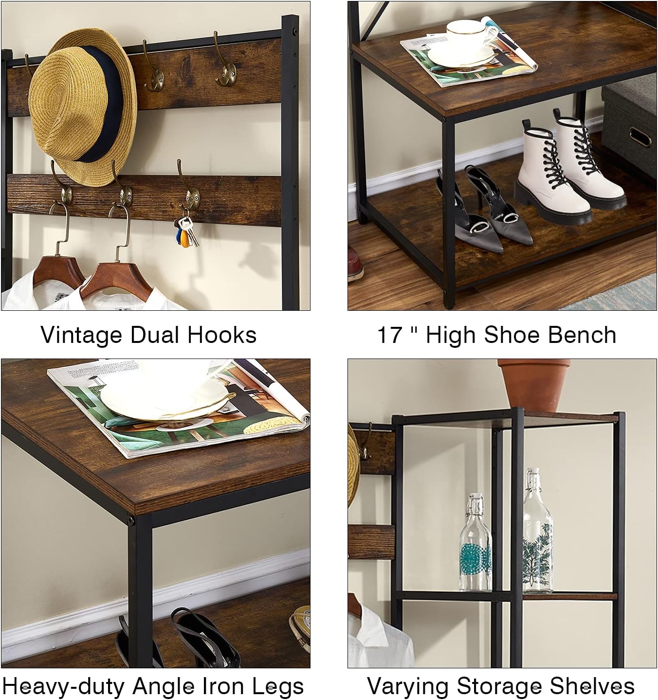 VECELO Coat Rack Bench,Hall Tree with 7 Hooks Entryway Storage 4 Shelves and 1-Tier Shoe Shelf,Wood Look Accent Furniture Metal Frame, Rustic Brown: Home & Kitchen