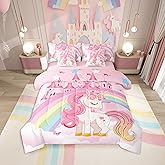 Erosebridal Girls Unicorn 7 Piece Comforter Set Full Bed in a Bag Rainbow Princess Pink Unicorn Bedding Set Kids Teens Adult Cute Castle Stars Horse Comforter with Sheets Fantasy Girls Room Decor