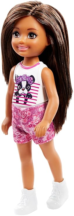 Barbie FRL81 - Chelsea Puppe mit braunen Haaren und Hündchen Oberteil, Mädchen Puppe 15 cm groß, Puppen Spielzeug ab 3 Jahren