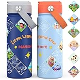 Kids Water Bottle with Stickers, 18oz Vacuum Double Insulated Cup with Straw, 316 Stainless Steel Bottles for School, Gift for Boy(2 Pack, Light Blue and Dark Blue)