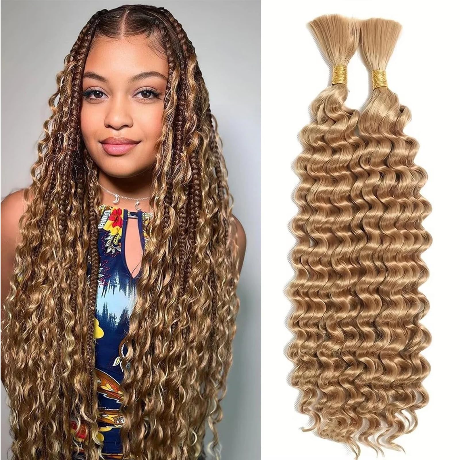 Deep Wave Boho Braids Synthetic Hair Extensions 22 Inch 2 Bundles Water Wave Curly Synthetic Braiding Hair Bulk Wet and Wavy Goddess Box Braids for Women (#27/Strawberry blonde, 22inch/55cm)
