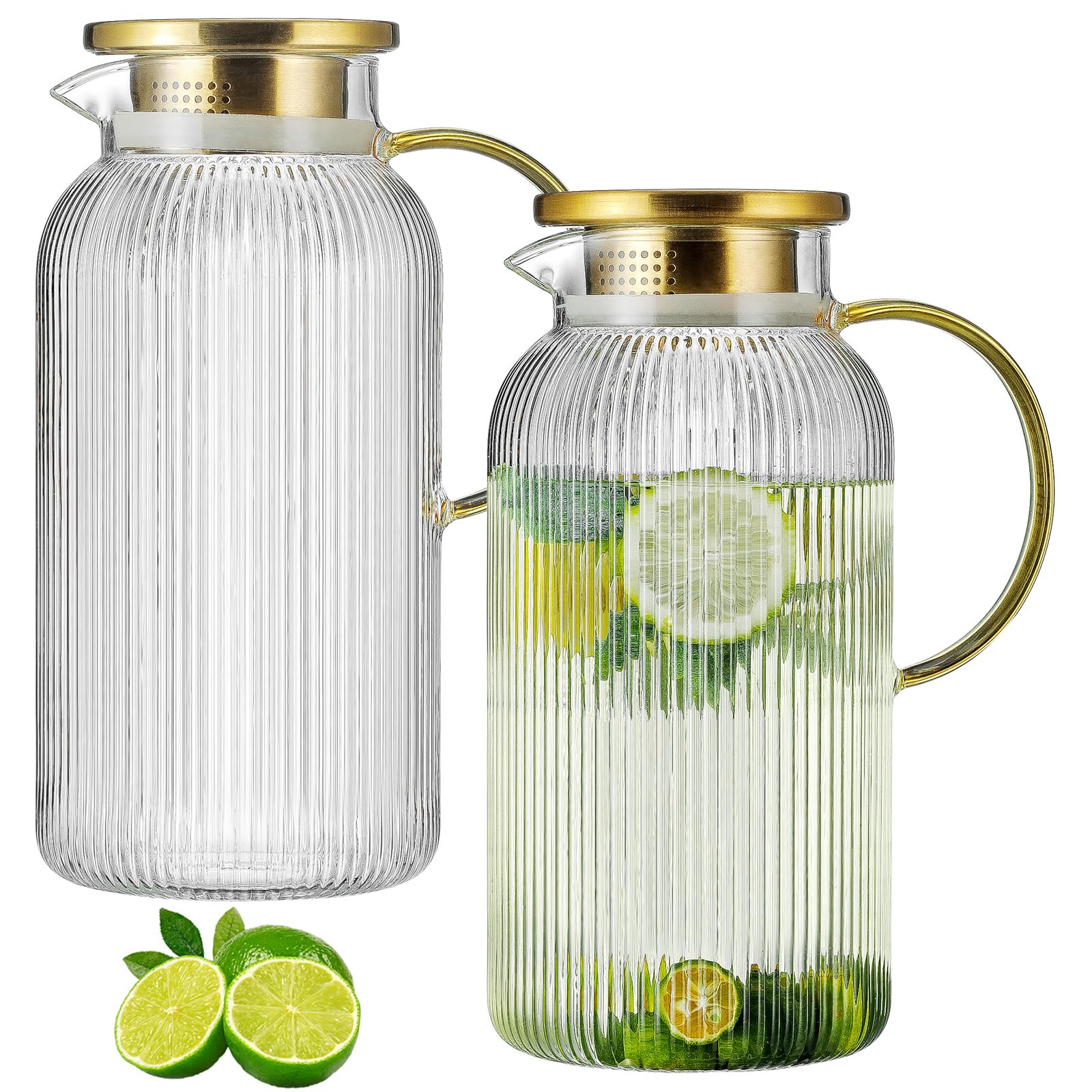 Photo 1 of Buaic 2 PACK Glass Pitcher with Lid, 68 oz/ 2 Liter Classic Vertical Stripes Water Pitcher with Handle,Glass Water Carafe for Cold Brew, Coffee, Lemonade, Iced Sun Tea,Beverage,Heat Resistant