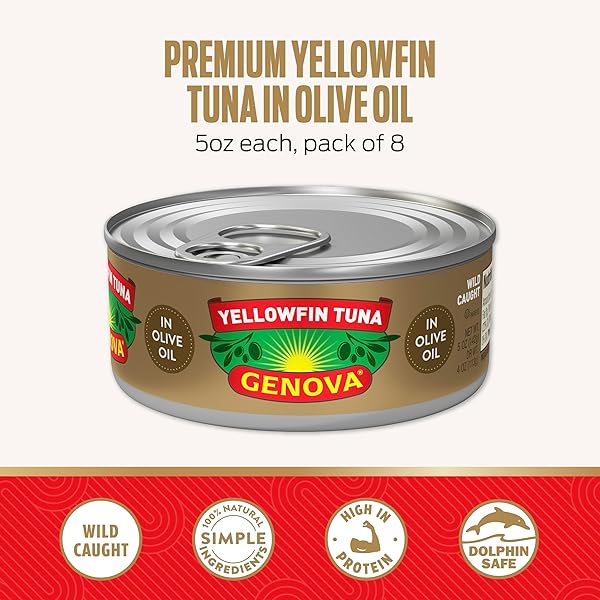 GENOVA PREMIUM YELLOWFIN TUNA IN OLIVE OIL, 5 OUNCE CANS, 8-PACK – NUTRIENT RICH, HIGH PROTEIN CANNED TUNA FISH – DELICIOUS, EASY, NUTRITIOUS READY TO EAT MEALS