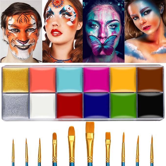 Amazon Com Wismee Face Body Paint Makeup Palette Professional 12 Colors Face Paint Kit Body Art Party Fancy Make Up With 10 Brushes Cosplay Makeup Set For Halloween Christmas