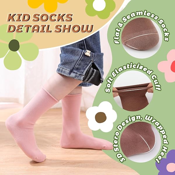 JAKIDAR GIRLS CREW SEAMLESS SOCKS KIDS CASUAL DRESS COTTON SOCKS 6 PAIRS, BEIGE BLACK BROWN PINK SIGNAL BROWN WHITE, 8-12Y