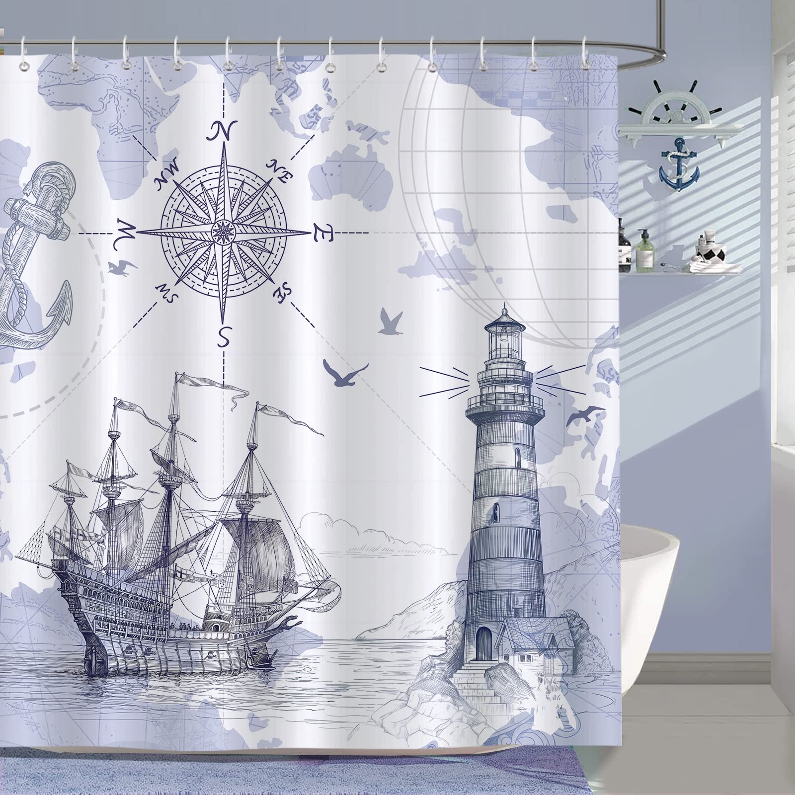 Bonhause Nautical Shower Curtain 180 x 180 cm Lighthouse Compass Anchor Blue Bathroom Curtain Waterproof Mildew & Mould Resistant Polyester Fabric Bath Curtain with 12 Hooks — image 1