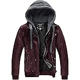 wantdo Men's Faux Leather Jacket with Removable Hood Motorcycle Jacket Casual Warm Winter Coat