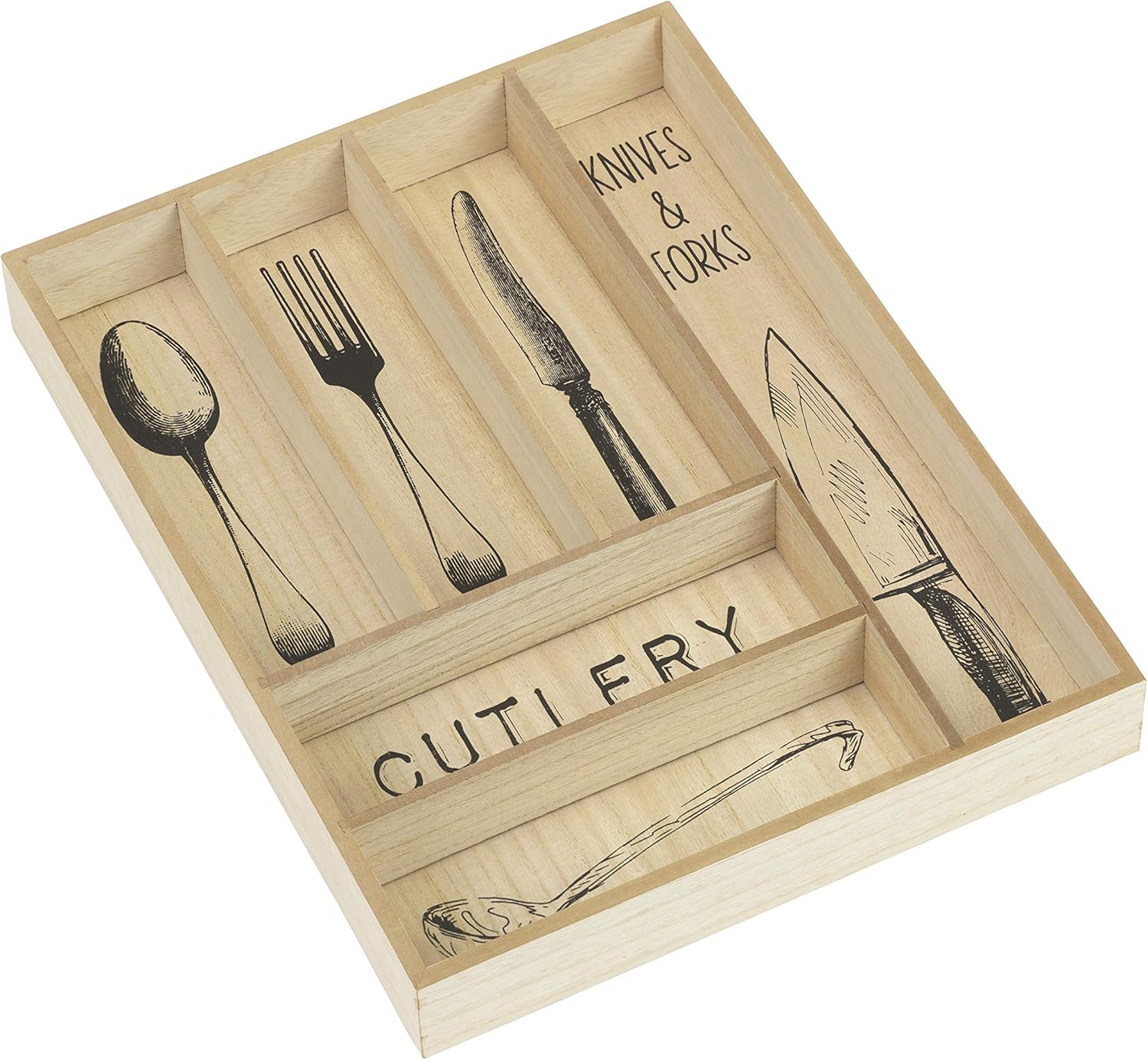 10 Street Home Large Wood Silverware Organizer; Cutlery and Flatware Tray, Decorative Kitchen Drawer Organizer and Cabinets Divider, Utensil Holder with 6 Compartments, Kitchenware Storage